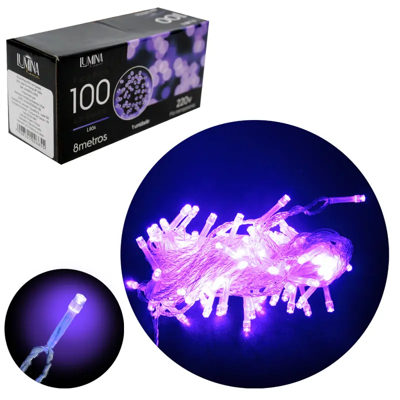 PISCA 100 LEDS LILAS 220V 50HZ 8 FUNCOES 8M FIO TRANSPARENTE LUMINA HOME