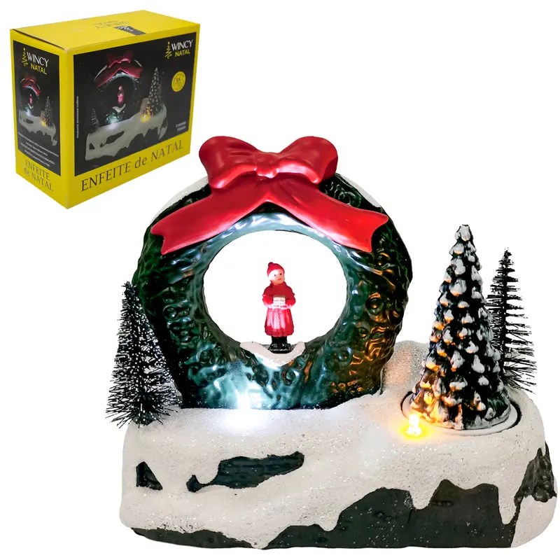 ENFEITE LUMINOSO CENARIO COM ARVORES DE NATAL + 2 LEDS A PILHA 16X14X8CM