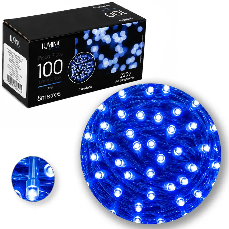 PISCA 100 LEDS AZUL 220V 50HZ 8 FUNCOES 8M FIO AZUL LUMINA HOME