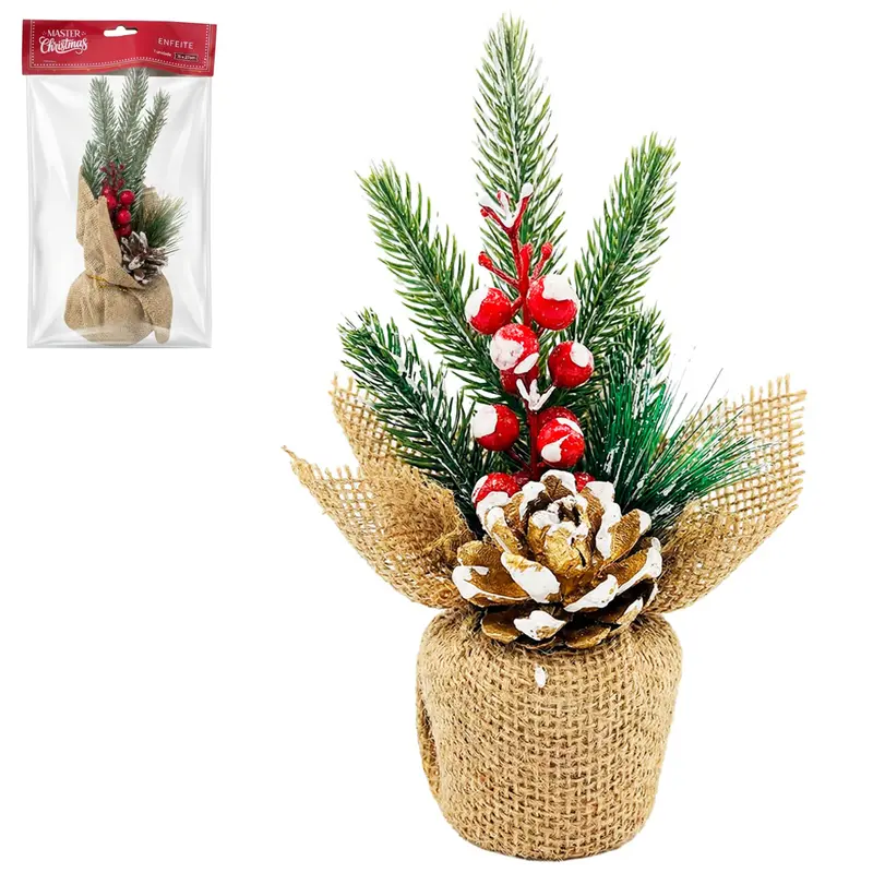SACO DE RAFIA / ENFEITE DE MESA COM FRUTOS + PINHA 27X13CM