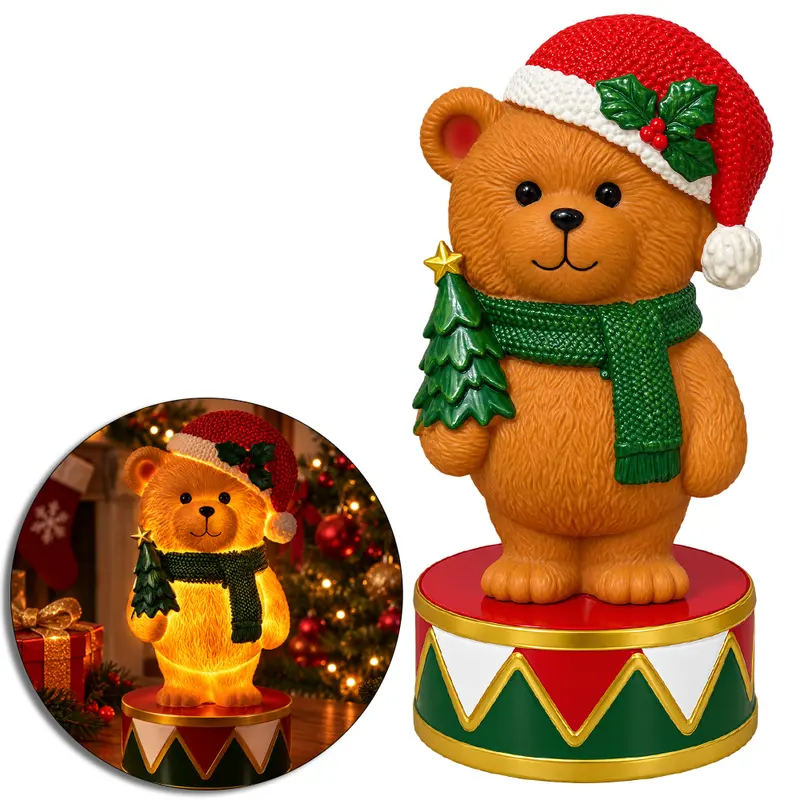 ENFEITE URSO EM PE NO TAMBOR COM LED BRANCO QUENTE A PILHA 21,5X10CM DE Ø