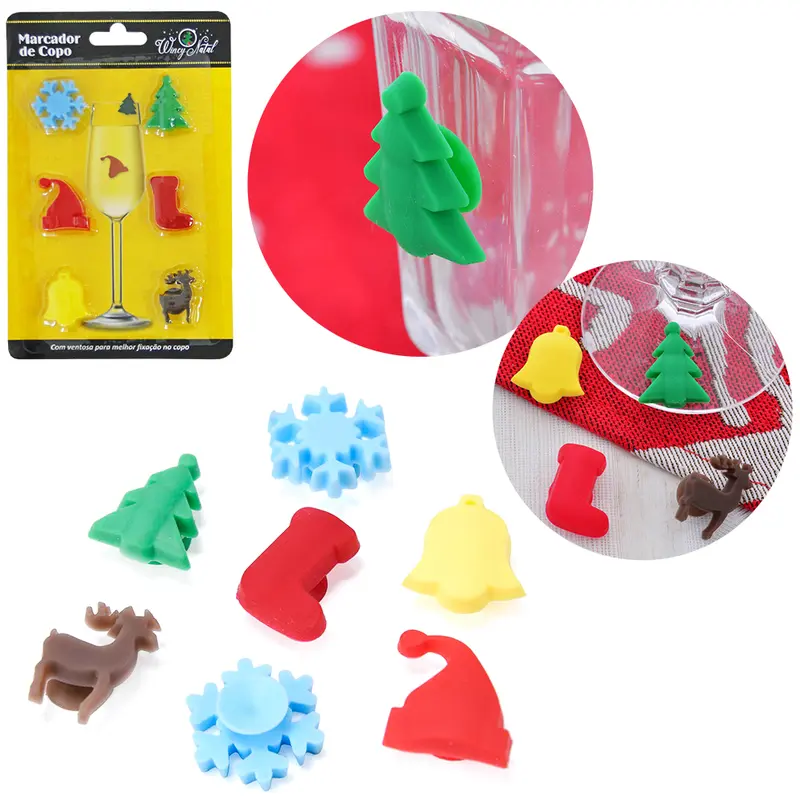 MARCADOR DE SILICONE PARA COPO / TACA DE VINHO COM VENTOSA SORTIDOS DE NATAL 6 PECAS 4CM