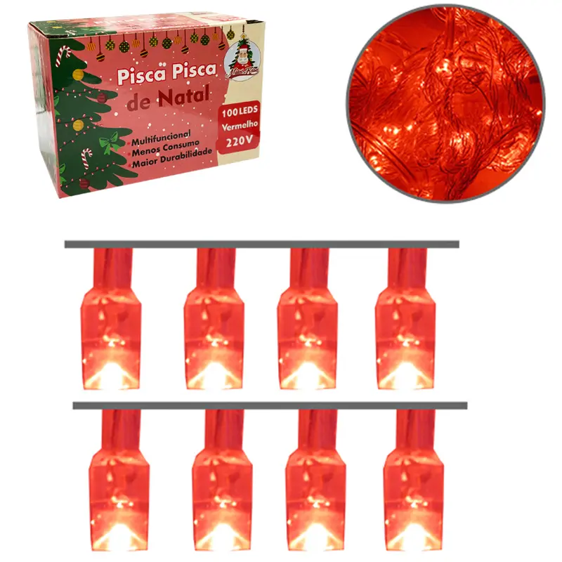 PISCA 100 LEDS VERMELHO 220V 9M 4 FUNCOES FIO TRANSPARENTE