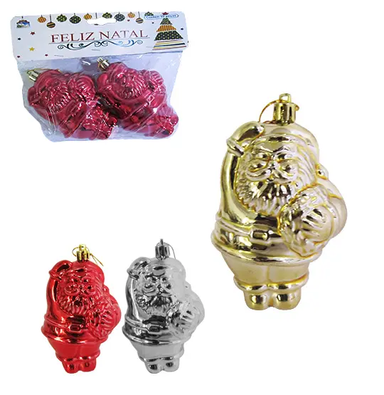 ENFEITE PENDURAR PAPAI NOEL PLASTICO LISO DOURADO / PRATA / VERMELHO DE NATAL COM 2 PECAS