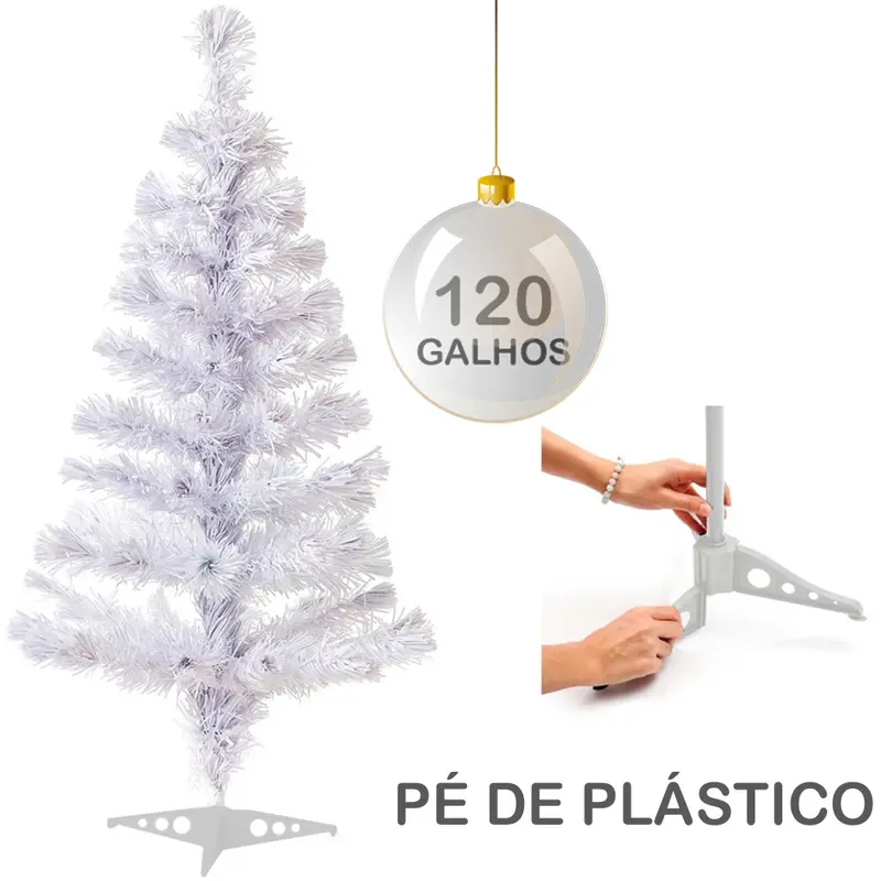ARVORE DE NATAL 1,20M BRANCA COM 120 GALHOS E PE DE PLASTICO