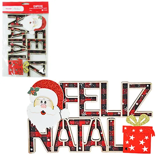 ENFEITE QUADRO FELIZ NATAL COM PAPAI NOEL E PRESENTE 25CM NA SOLAPA