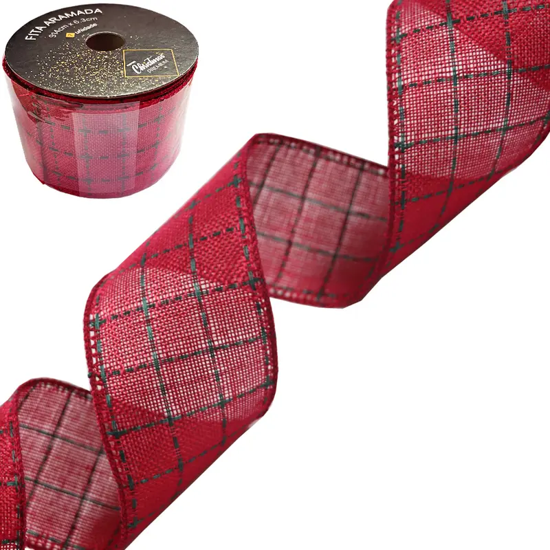 FITA ARAMADO QUADRICULADO VERMELHO PREMIUM DE NATAL 914X6,3CM