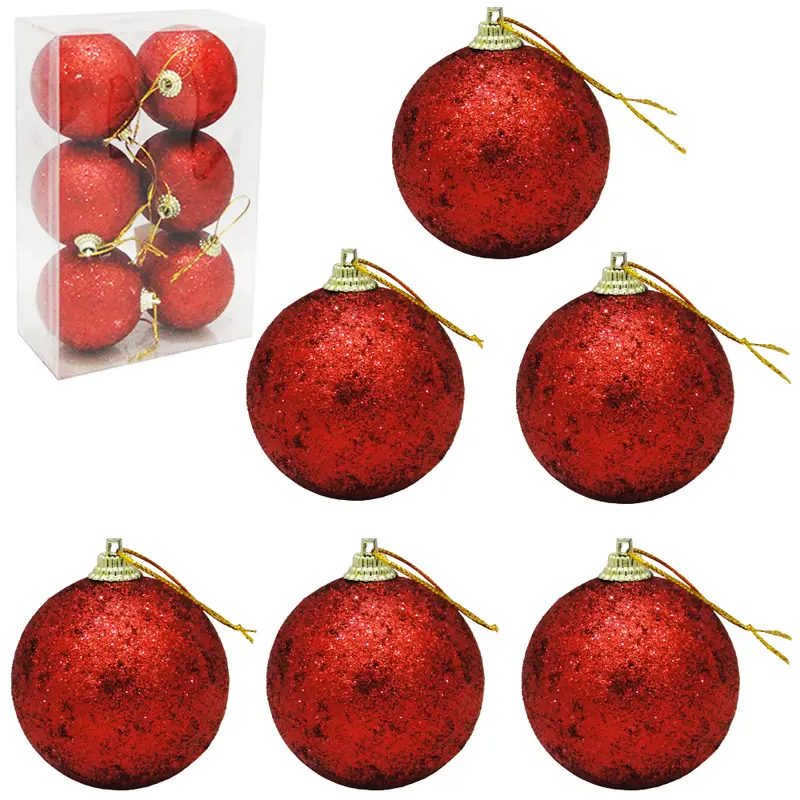BOLA DE NATAL N.6 VERMELHA GLITTER LUXO CAIXA COM 6 PECAS