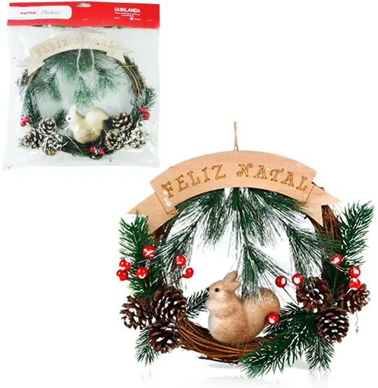 GUIRLANDA FELIZ NATAL COM ESQUILO E PINHAS 23CM NA SOLAPA