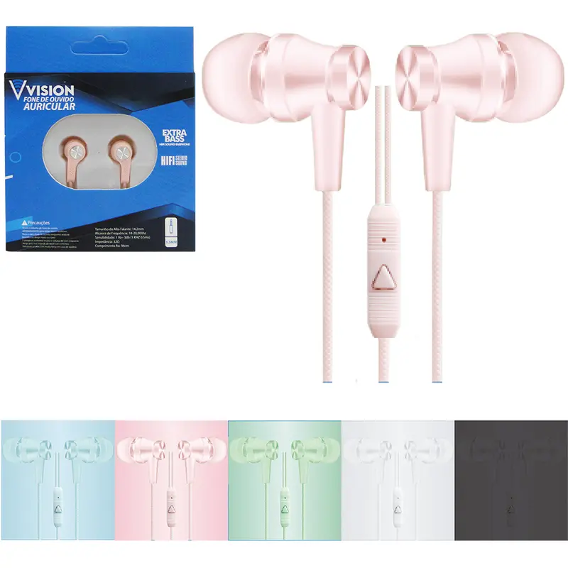 FONE DE OUVIDO IN EAR P3 COM MICROFONE EXTRA BASS VISION COLORS 96CM NA CAIXA