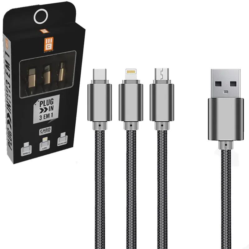 CABO PARA CELULAR LIGHTNING + TIPO C E V8 USB 3 EM 1 1,2M