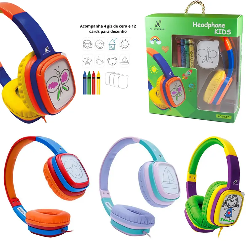FONE DE OUVIDO HEADPHONE KIDS 1,2M COM 4 GIZ DE CERA + 12 CARDS X-CELL