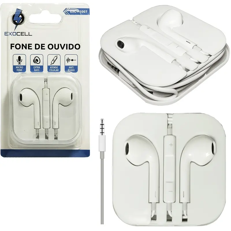 FONE DE OUVIDO IN EAR ESTEREO P3 COM MICROFONE EXTRA BASS EXOCELL 1,2 M NO ESTOJO NA CARTELA