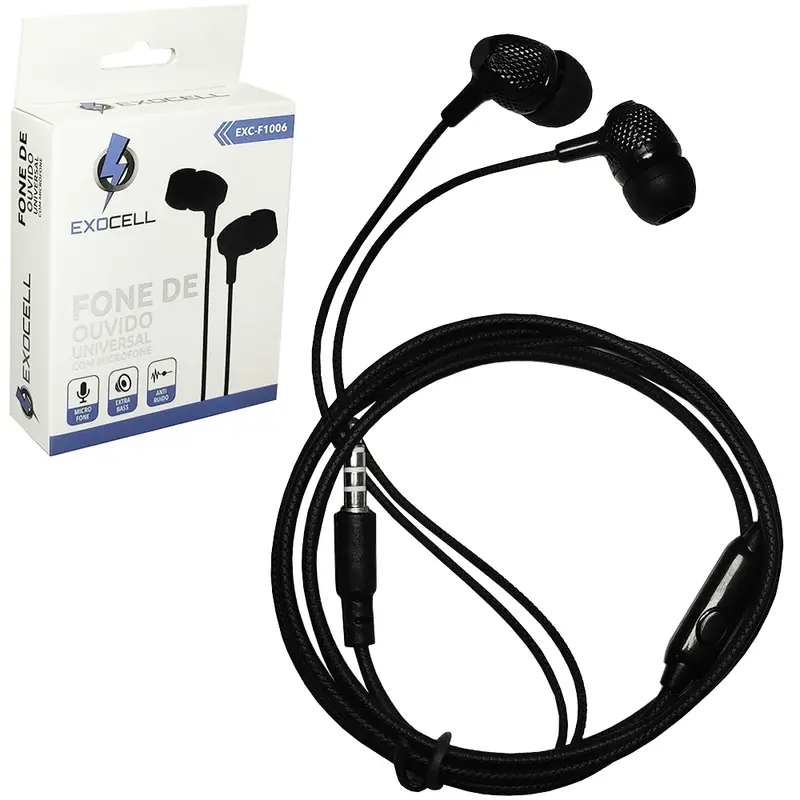 FONE DE OUVIDO IN EAR P3 COM MICROFONE EXTRA BASS EXOCELL 1,1M