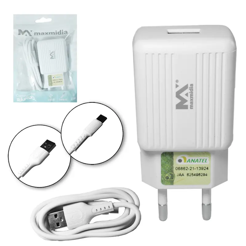 CARREGADOR DE TOMADA BIVOLT RAPIDO COM 1 SAIDA USB 2.4A + CABO TIPO C MAXMIDIA 90CM