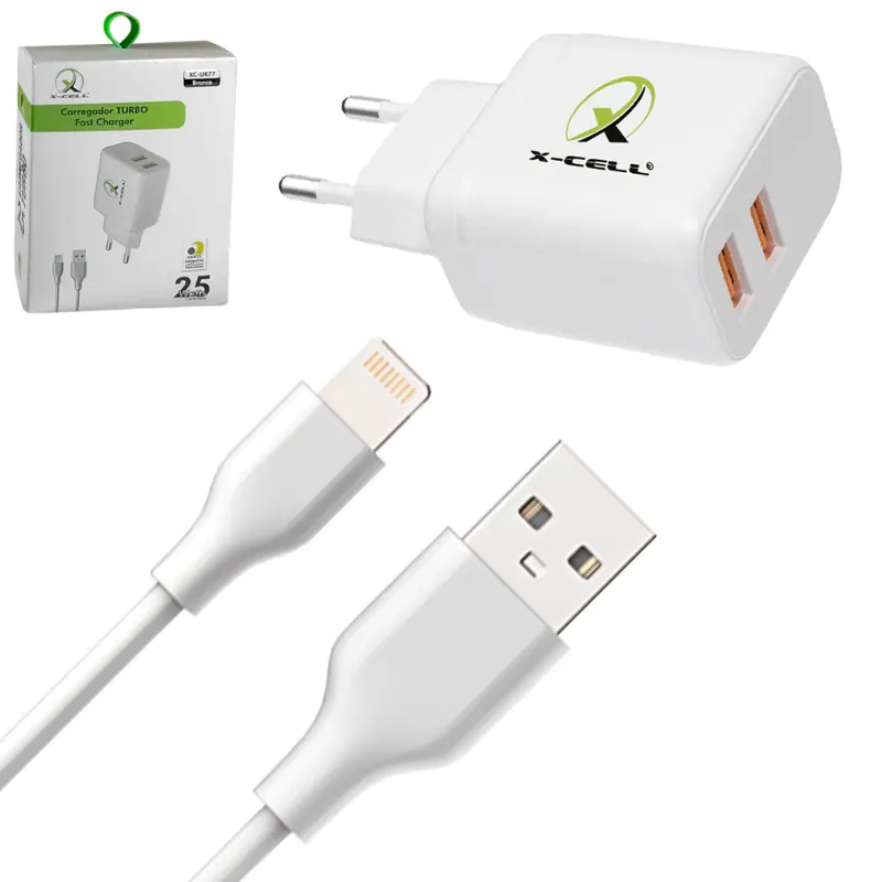 CARREGADOR DE TOMADA BIVOLT TURBO 25W COM 2 SAIDAS USB + CABO LIGHTNING X-CELL 1M