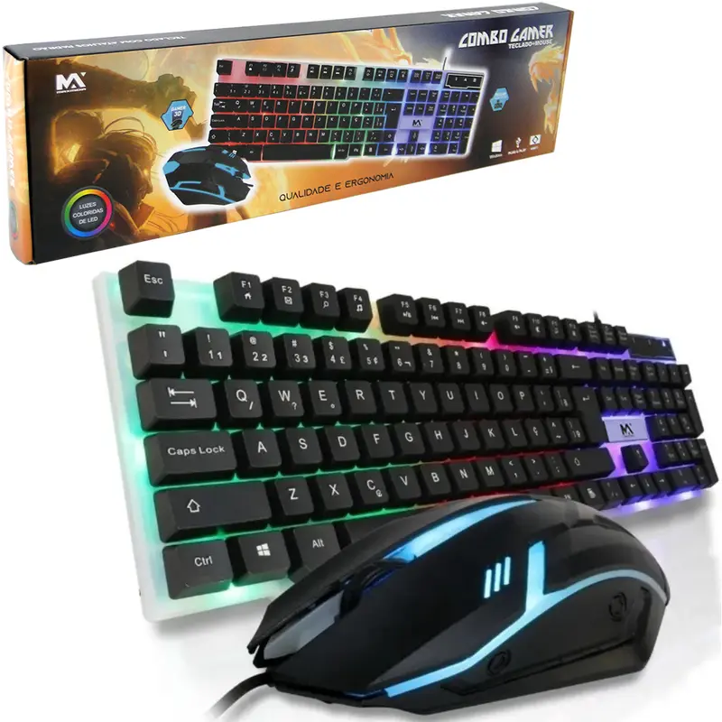 TECLADO E MOUSE PARA COMPUTADOR GAMER COM FIO USB + LUZ MAXMIDIA 107 TECLAS NA CAIXA