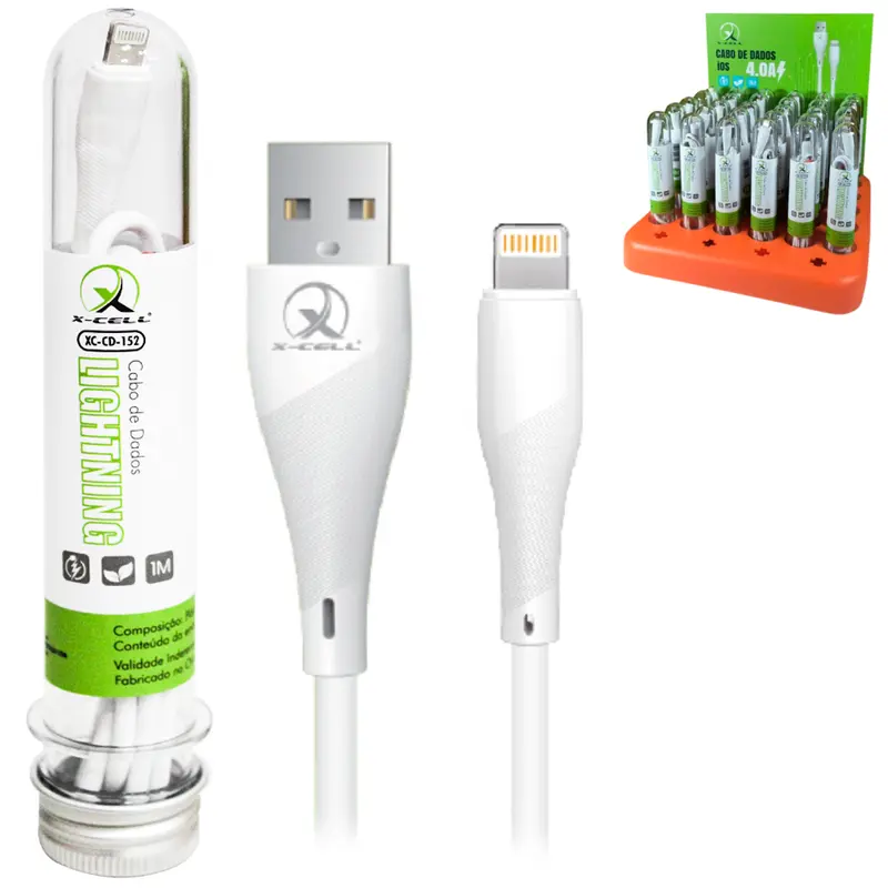 CABO PARA CELULAR LIGHTNING USB 4.0A CHIP INTELIGENTE X-CELL 1M NO TUBO DP PLAY