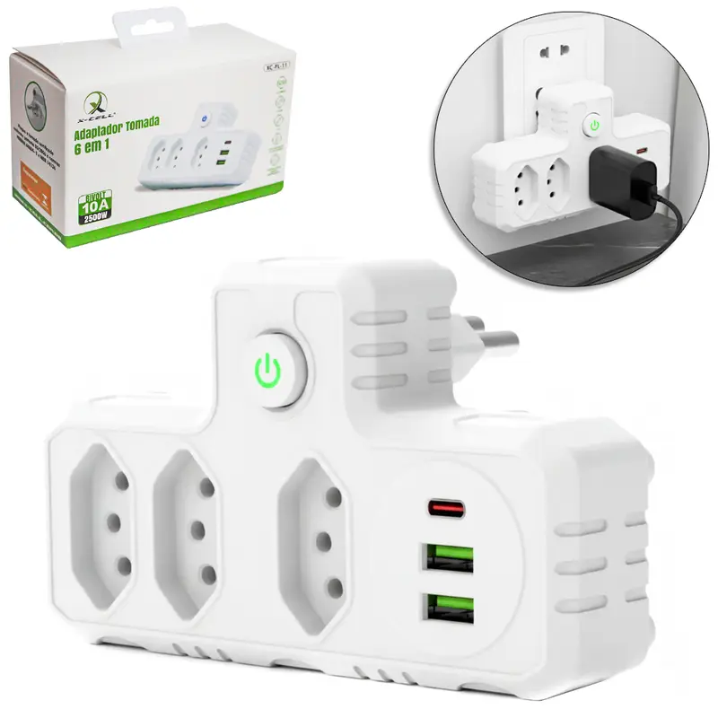 ADAPTADOR DE TOMADA 6 EM 1 COM 3 SAIDAS TRIPOLAR + 2 SAIDAS USB E 2 TIPO C BIVOLT 10A 2500W X-CELL