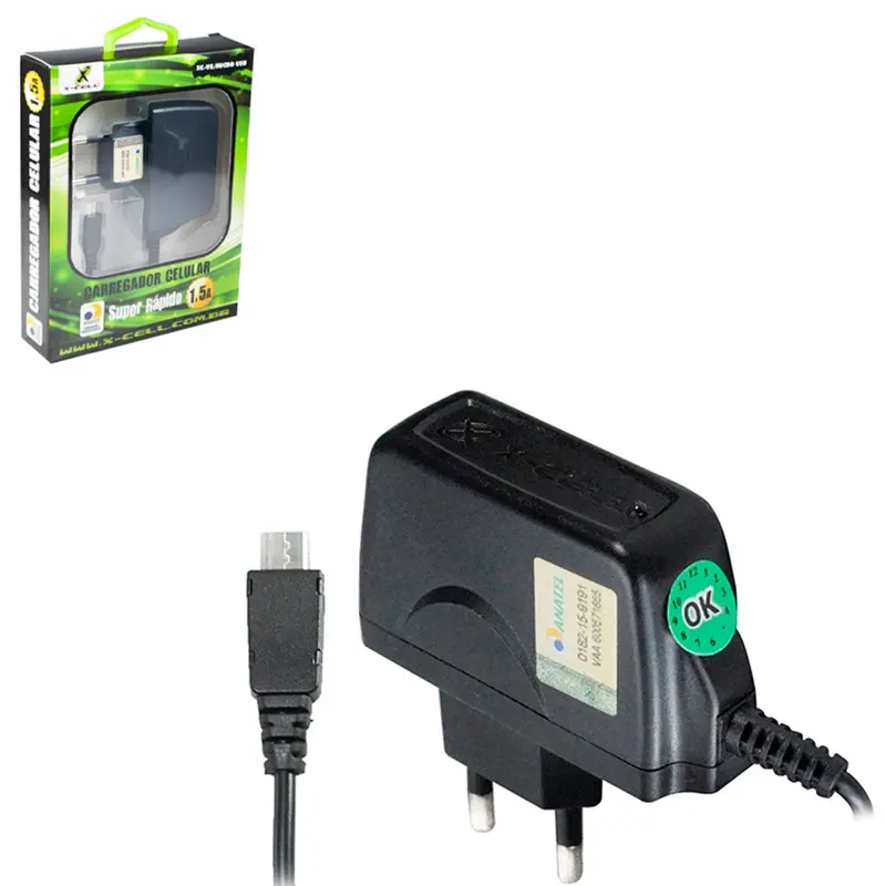 CARREGADOR DE TOMADA BIVOLT SUPER RAPIDO COM LUZ 1.5A E CABO V8 X-CELL 80CM