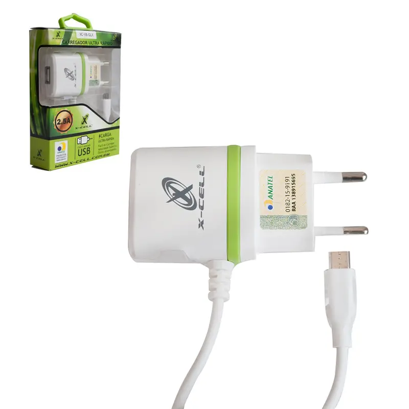 CARREGADOR DE TOMADA BIVOLT ULTRA RAPIDO COM 1 SAIDA USB 2.8A E CABO V8 X-CELL 1M