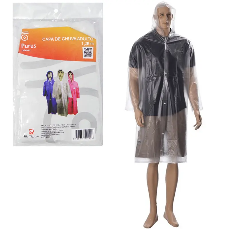 CAPA DE CHUVA ADULTO DE PLASTICO COM BOTAO 126CM