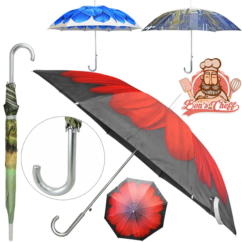GUARDA CHUVA DE POLIESTER AUTOMATICO PORTARIA ESTAMPAS SORTIDAS 8 VARETAS CABO CURVO 110CM DE Ø