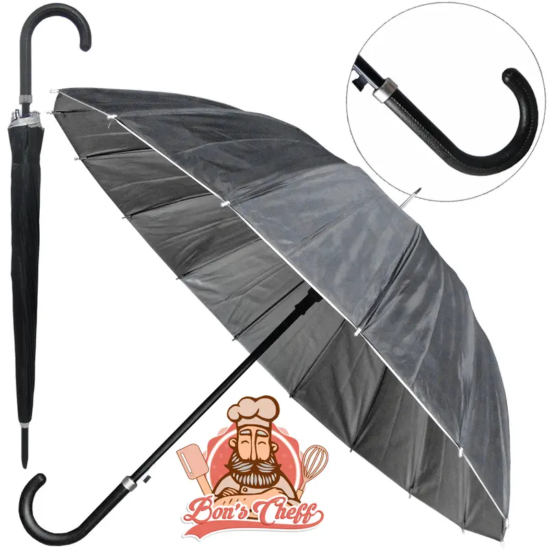 GUARDA CHUVA DE POLIESTER AUTOMATICO PORTARIA PRETO 16 VARETAS CABO CURVO 110CM DE Ø