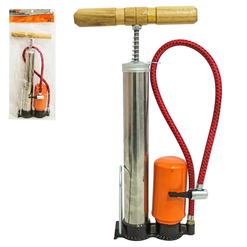 BOMBA DE AR MANUAL PARA INFLAVEIS COM MULTIPLICADOR DE PRESSAO E PE + PUNHO DE MADEIRA 80PSI