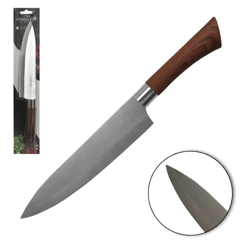 FACA DE CARNE / PEIXEIRA DE INOX 8'' CABO EMBORRACHADO TIPO MADEIRA PROFISSIONAL CASA NOBRE KITCHEN'S CHEF