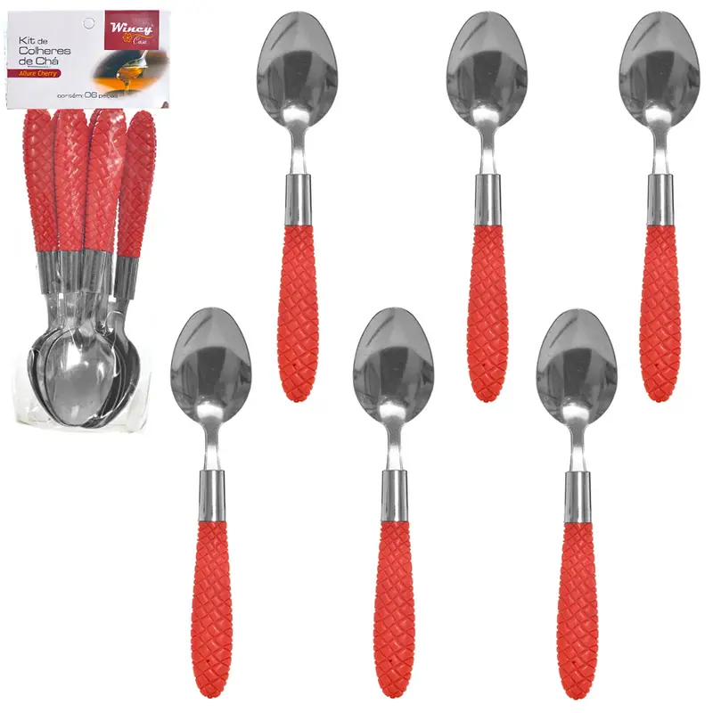 COLHER DE CHA DE INOX CABO PLASTICO ALLURE CHERRY COM 6 PECAS 16,5CM