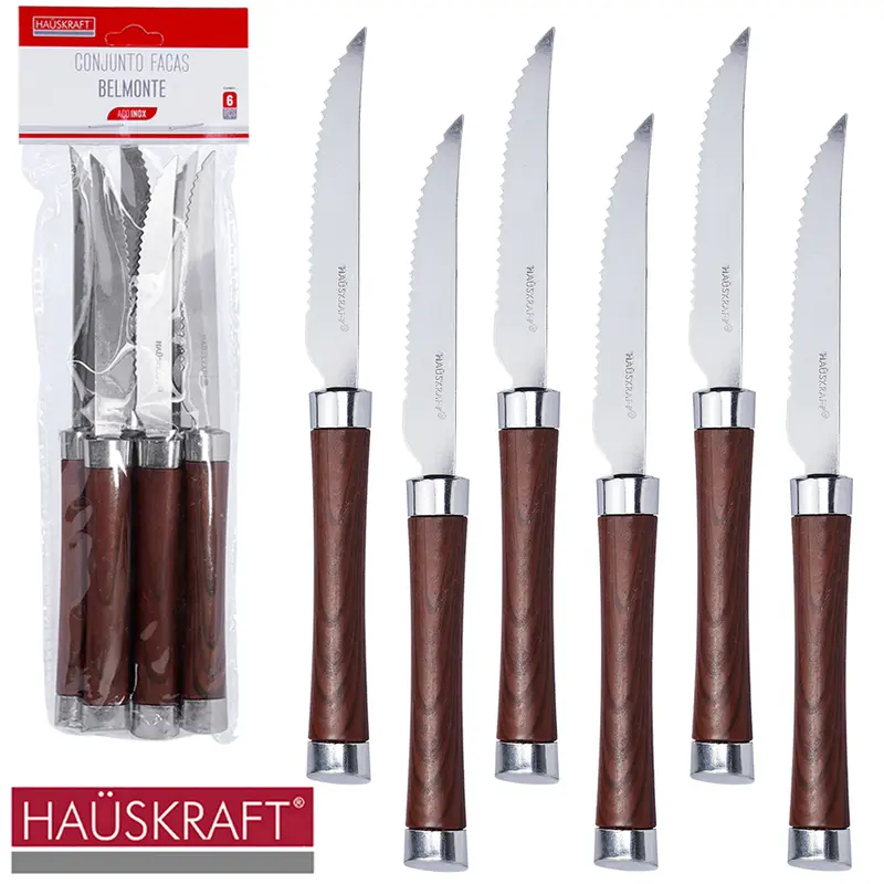 FACA DE MESA DE INOX CABO PLASTICO TIPO MADEIRA BELMONTE HAUSKRAFT COM 6 PECAS 22CM
