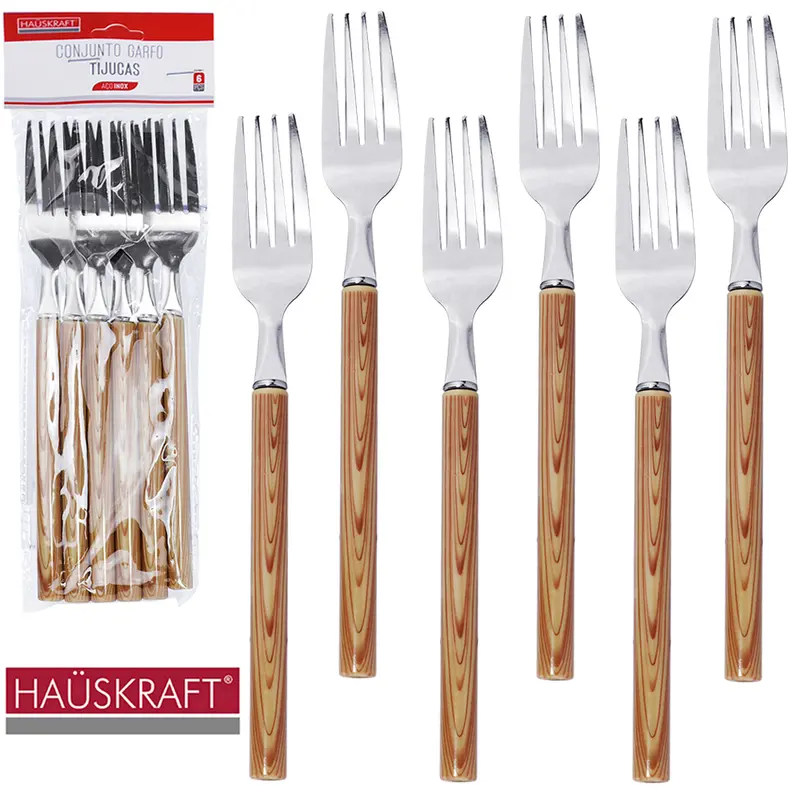 GARFO DE MESA DE INOX CABO PLASTICO TIPO MADEIRA TIJUCAS HAUSKRAFT COM 6 PECAS 19CM