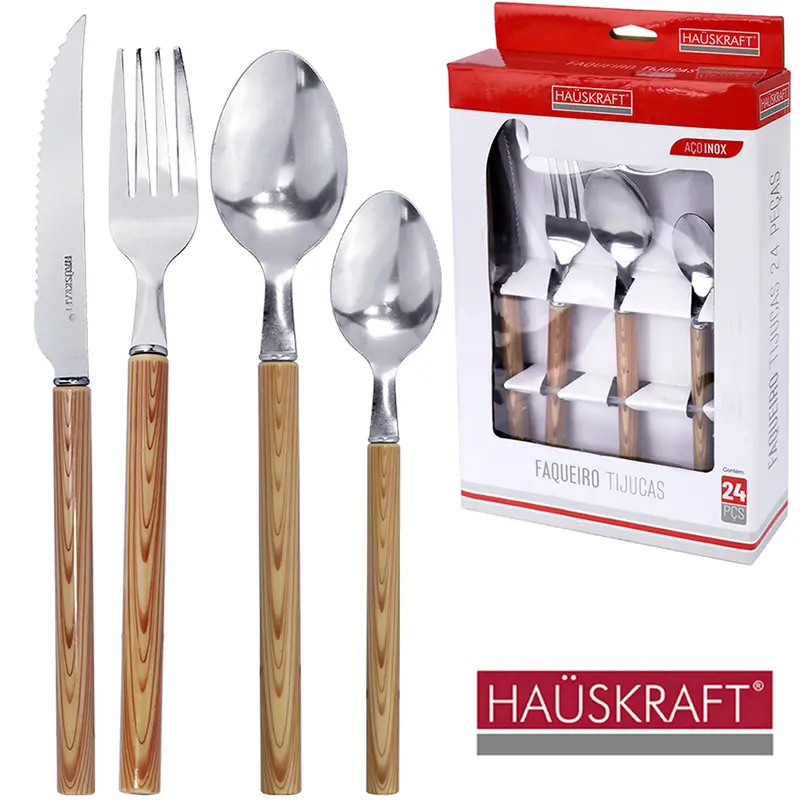 CONJUNTO DE TALHERES / FAQUEIRO DE INOX COM 24 PECAS COM CABO PLASTICO TIPO MADEIRA TIJUCAS HAUSKRAFT