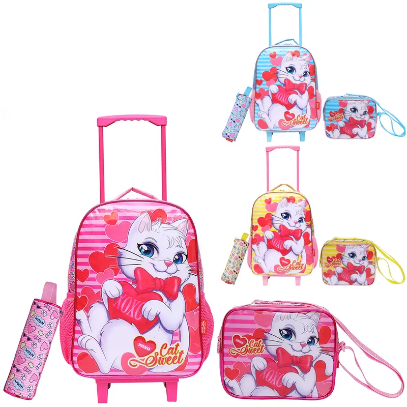 MOCHILA INFANTIL FEMININA COM CARRINHO 16'' + LANCHEIRA 8'' E ESTOJO STANDARD CAT SWEET