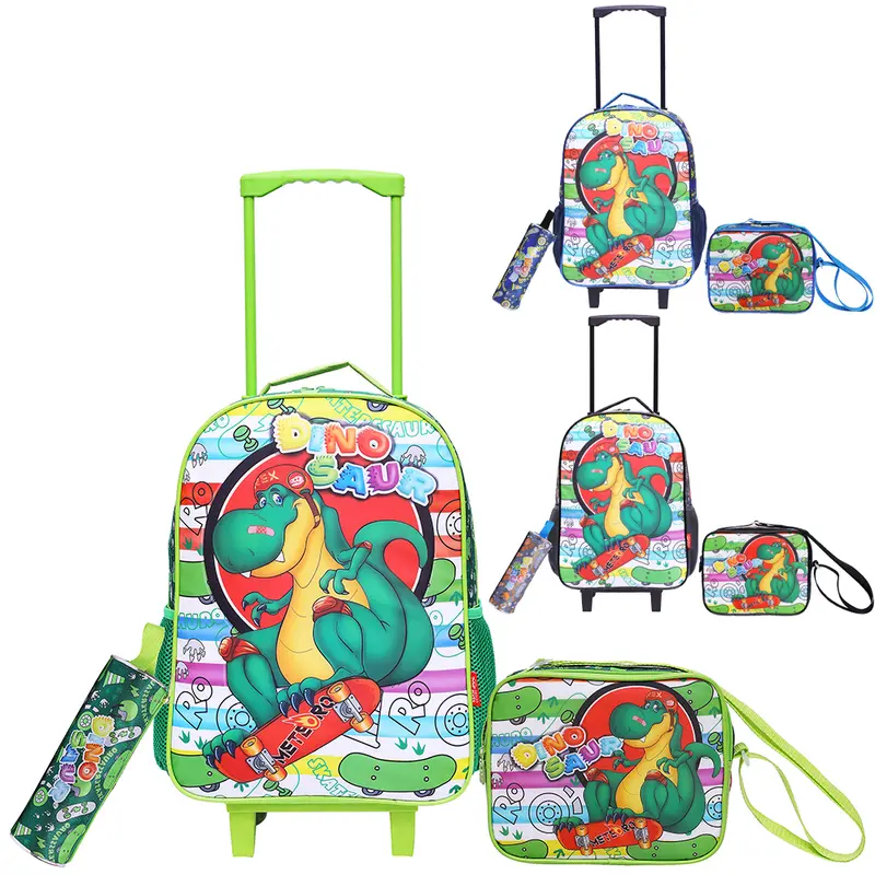MOCHILA INFANTIL MASCULINA COM CARRINHO 16'' + LANCHEIRA 8'' E ESTOJO STANDARD DINOSAUR