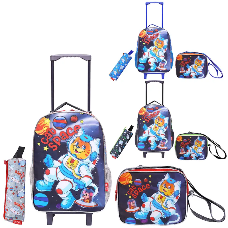 KIT MOCHILA INFANTIL MASCULINA COM CARRINHO 16'' + LANCHEIRA 10'' E ESTOJO CAT SPACE