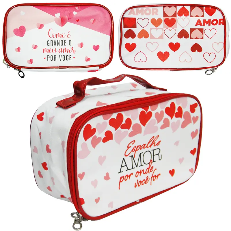 NECESSAIRE RETANGULAR AMOR COM ALCA E ZIPER 21X13X8,5CM