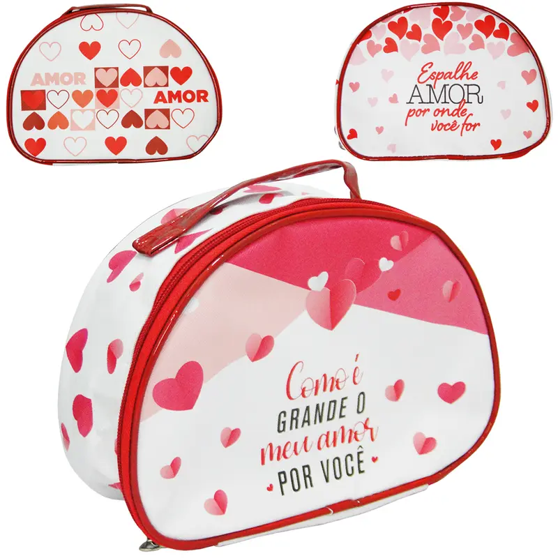 NECESSAIRE DE PVC MEIA LUA FEMININA AMOR COM ALCA E ZIPER 23X17X8,5CM