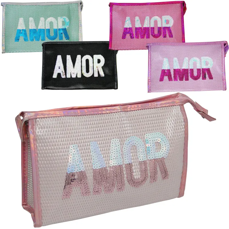 NECESSAIRE DE PVC RETANGULAR FEMININA AMOR COM LANTEJOULA MAGICA COM ALCA E ZIPER 23X15X6CM