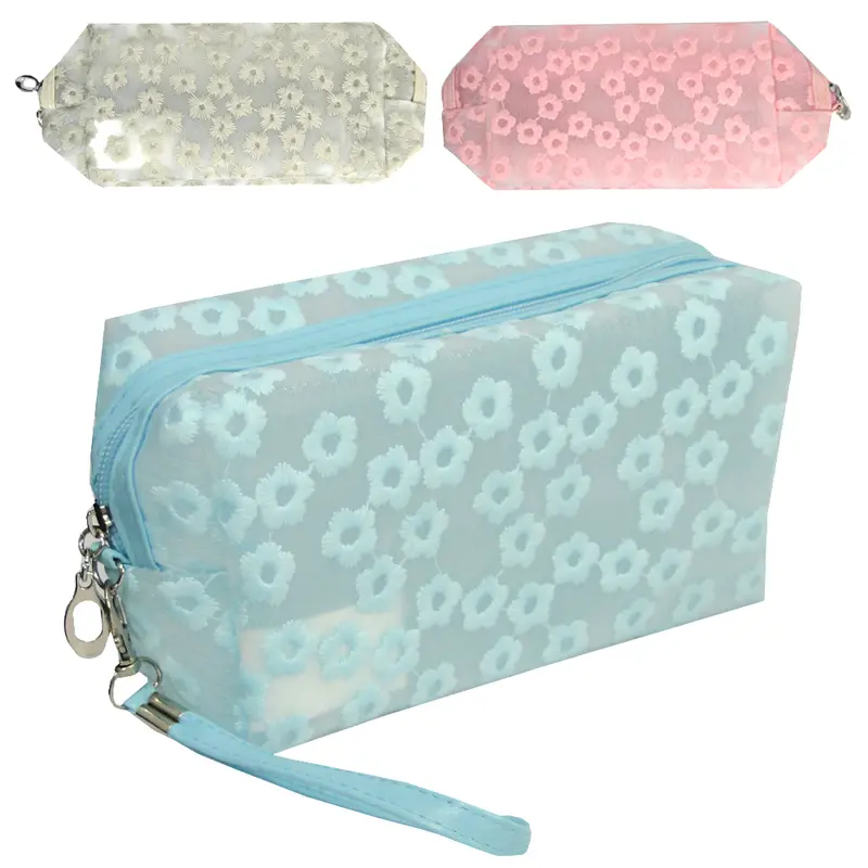 NECESSAIRE RETANGULAR FEMININA FLOR BORDADO COM ALCA E ZIPER 18,5X10X8CM