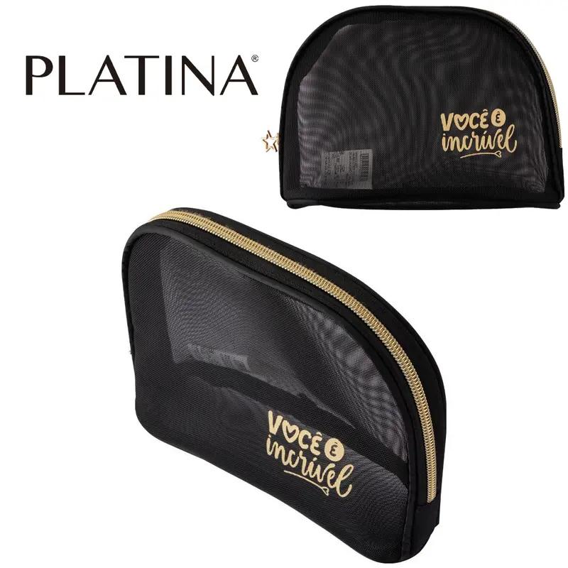 NECESSAIRE DE NYLON OVAL FEMININA VOCE E INCRIVEL COM ZIPER PLATINA 20X14X6CM