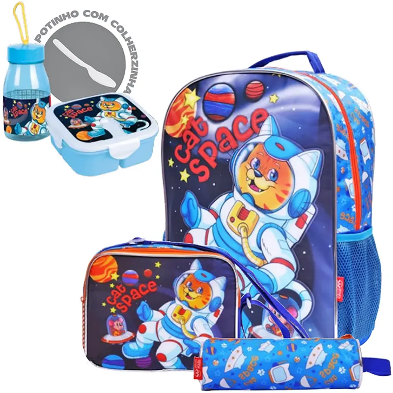 KIT MOCHILA INFANTIL MASCULINA 17'' + LANCHEIRA + ACESSORIOS STANDARD CAT SPACE 6 PECAS