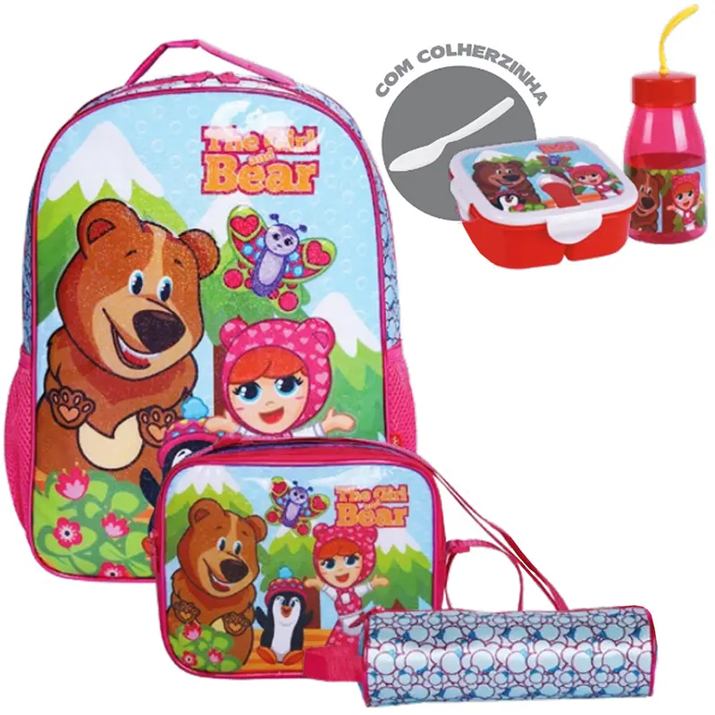 KIT MOCHILA INFANTIL FEMININA 17'' + LANCHEIRA + ACESSORIOS STANDARD THE GIRL BEAR 6 PECAS