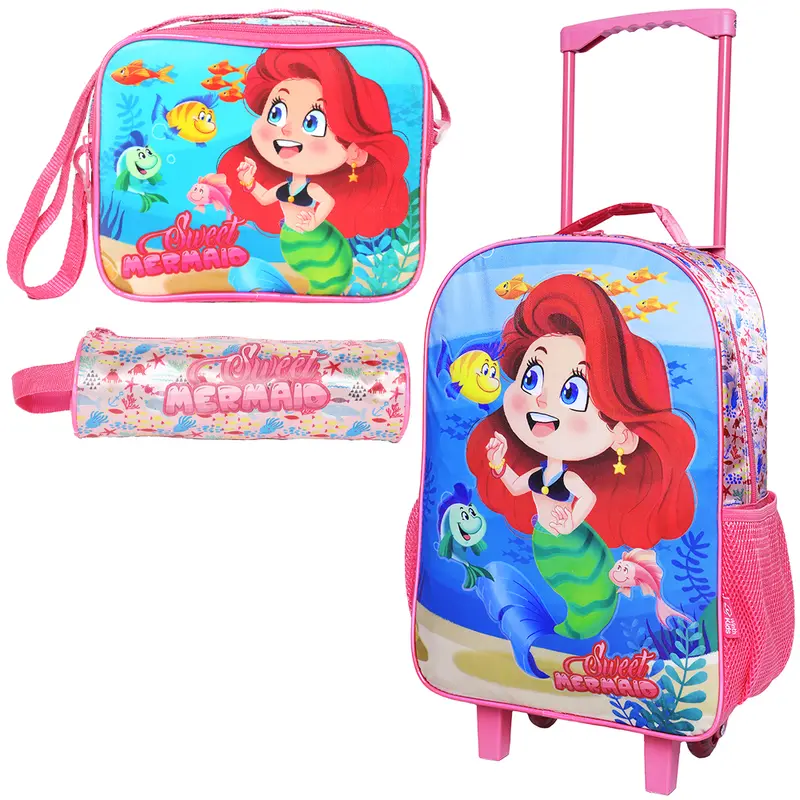 KIT MOCHILA INFANTIL FEMININA COM CARRINHO 16'' + LANCHEIRA 10'' E ESTOJO SWEET MERMAID