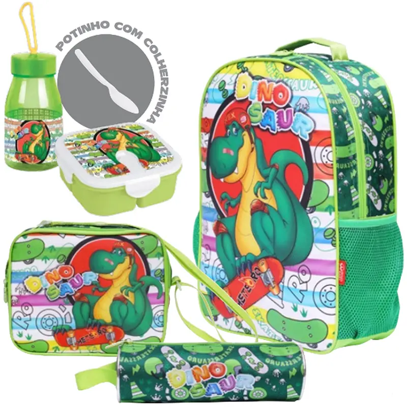 KIT MOCHILA INFANTIL MASCULINA 17'' COM LANCHEIRA + ACESSORIOS STANDARD DINOSAUR 6 PECAS