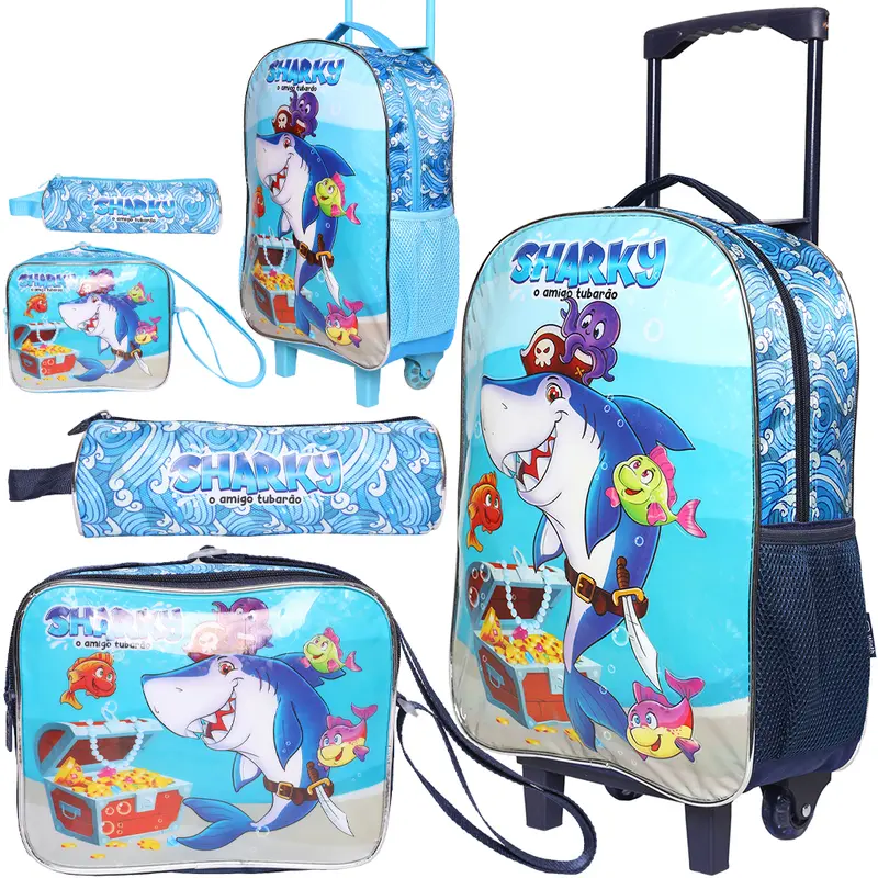 KIT MOCHILA INFANTIL MASCULINA COM CARRINHO 16'' + LANCHEIRA 10'' E ESTOJO SHARKY