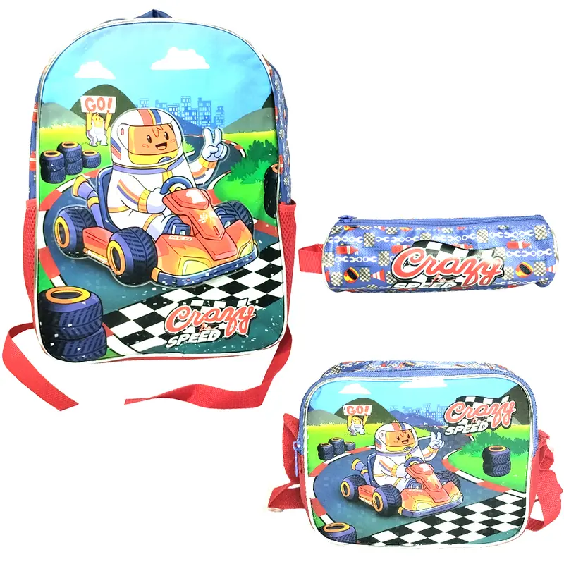KIT MOCHILA INFANTIL MASCULINA 17'' + LANCHEIRA + ACESSORIOS 6 PECAS STANDARD CRAZY FOR SPEED
