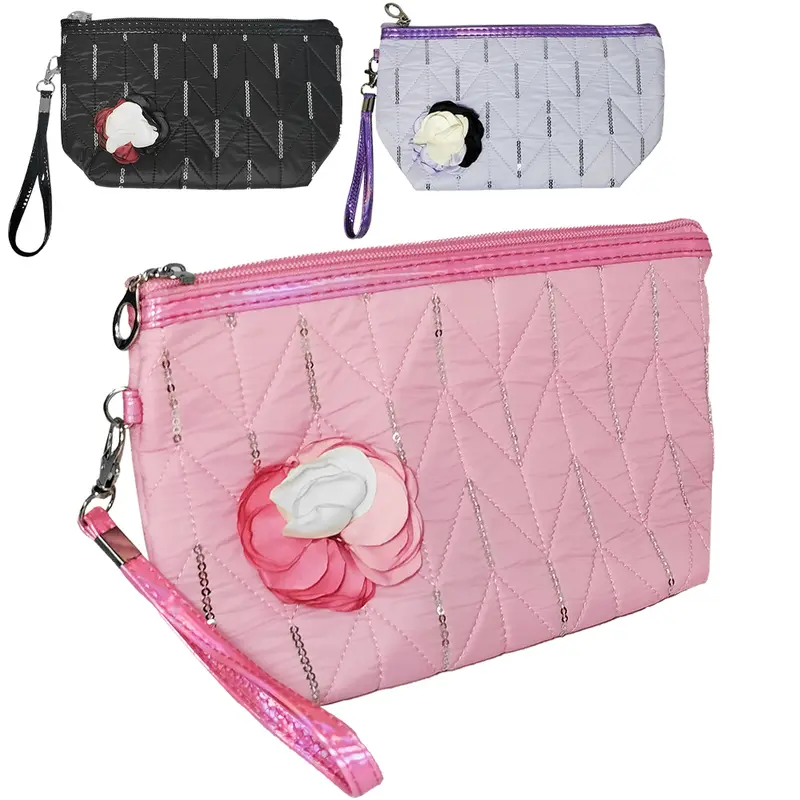 NECESSAIRE DE POLIESTER RETANGULAR FEMININA COM FLOR + ZIPER E ALCA 22,5X13X7CM