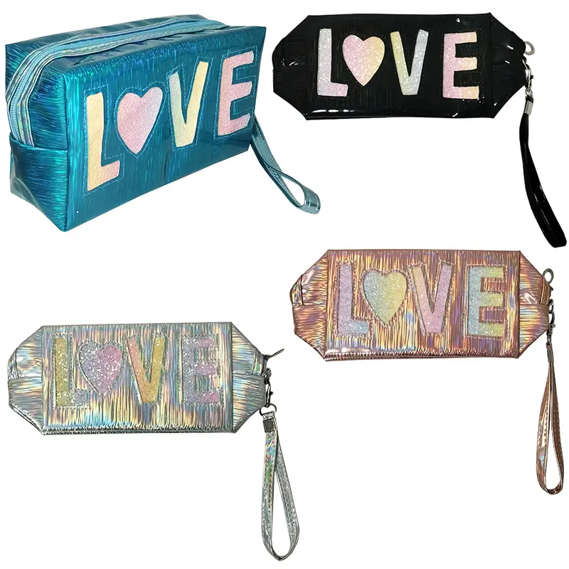 NECESSAIRE DE PVC RETANGULAR FEMININA LOVE COM GLITTER + ALCA E ZIPER 18X10,5X8CM